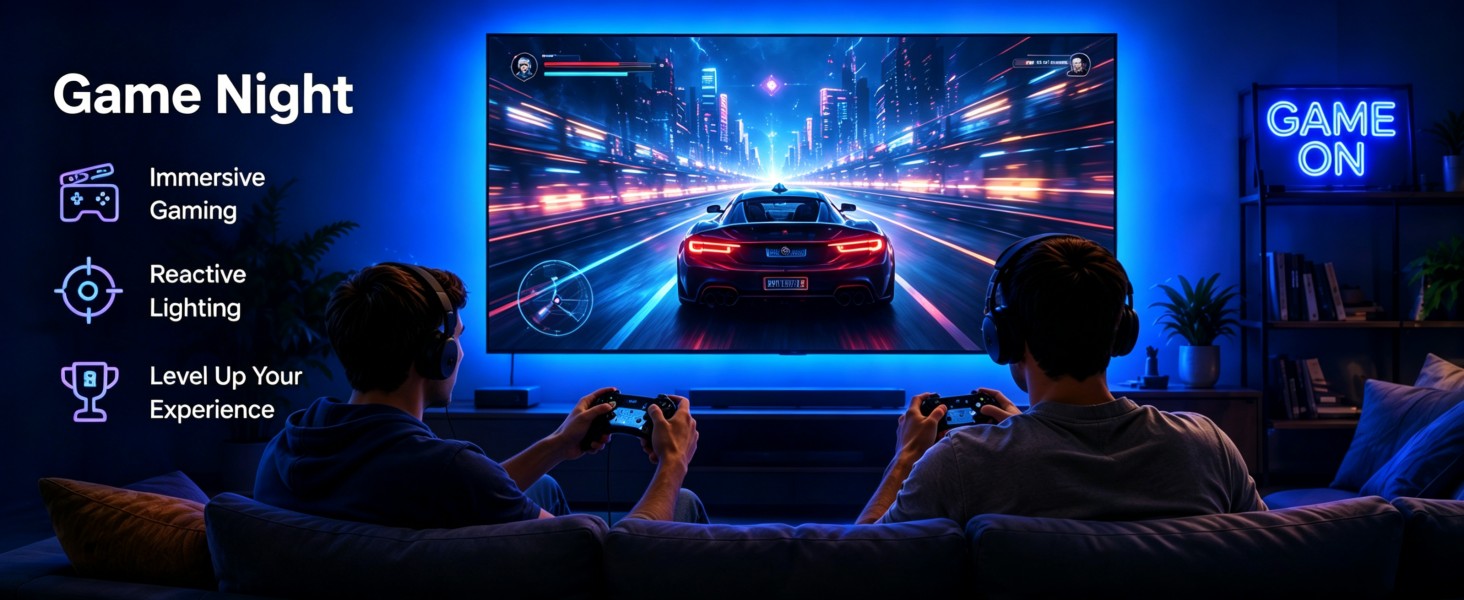 Immersive gaming experience with TV ambient LED backlight for game nights.