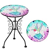 baterysu Outdoor Patio Side Table, 21" Round End Table with 14" Hummingbird Pattern Glass Top, Sm...
