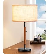 EDISHINE Mid Century Table Lamp, Pull Chain Switch Bedside Lamp with Linen Shade, Solid Wood Pole...