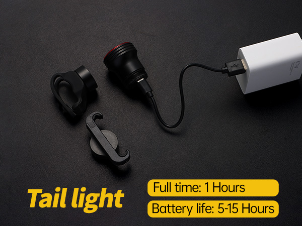 Bicycle tail light with detachable components. Black casing. Text indicates full charge time of 1 hour and battery life of 5-15 hours.