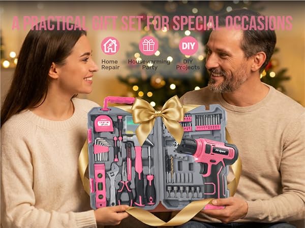 Pink Tool Set with 8V Drill Set. Complete Cordless & Rechargeable USB Electric Drill Driver Kit