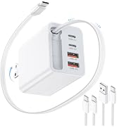 40W USB C Retractable Wall Charger with Built-in Cable,5-in-1 Retractable Phone Charger Wall Plug...