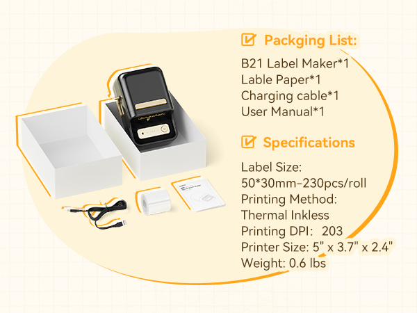 B21 label maker machine with tape, a roll of 230pcs labels, 50x30mm-2inchx1.18inch