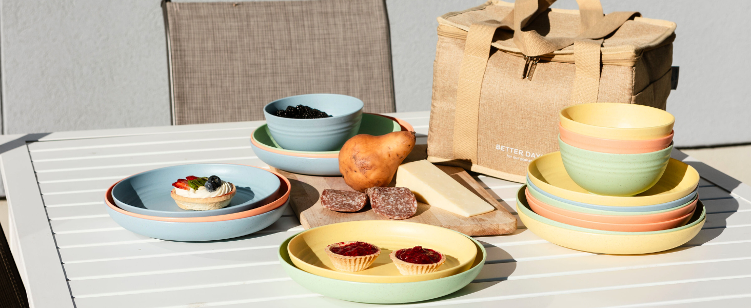 Picnic Plates Outdoor Plates Camping Dinnerware Unbreakable Colorful Bowls Picnic Bag Cooler Bag