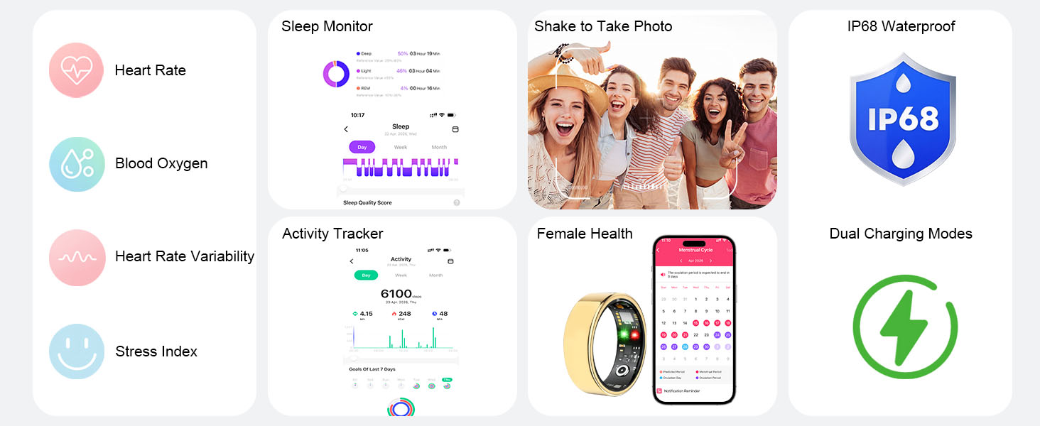 Smart ring tracks heart rate, HRV, SpO2, sleep, stress, and activity for everyday fitness tracking.