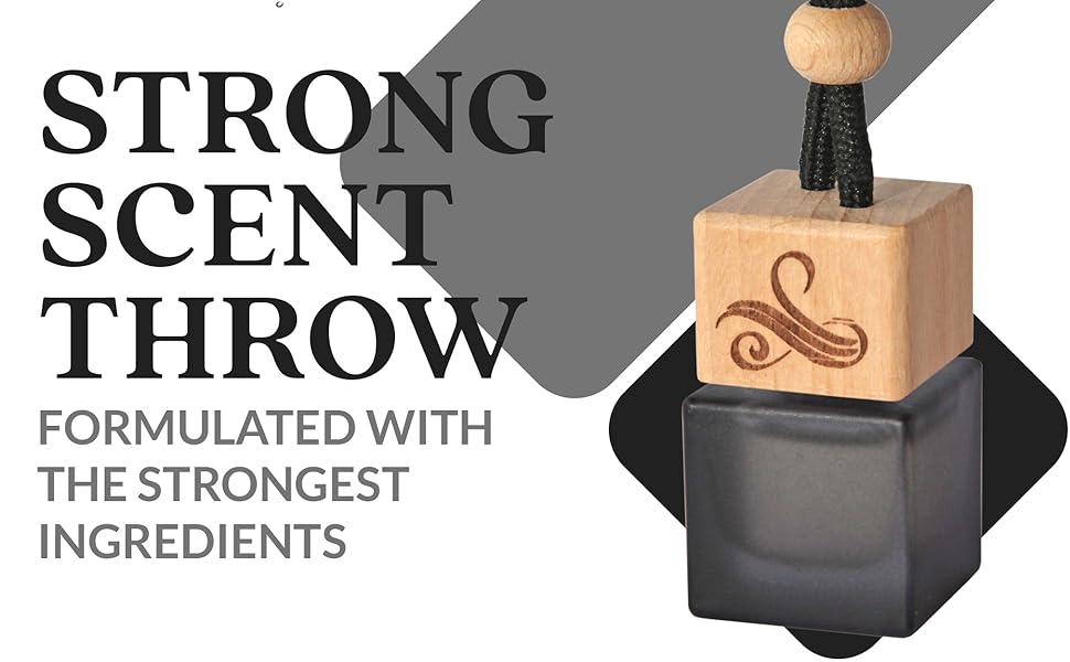 Cube-shaped fragrance product with wooden cap and dark glass base. Text indicates it's a strong scent throw formulated with potent ingredients.