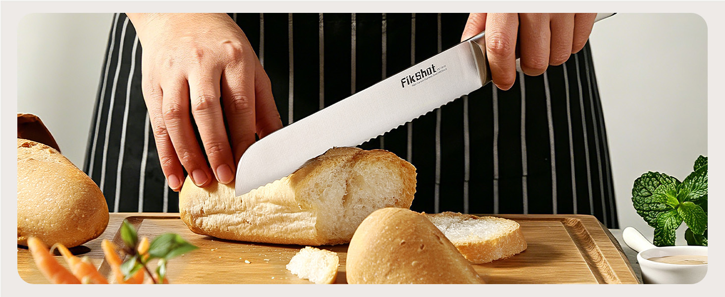 Serrated blade cuts through crispy crusts without compressing the soft inner crumb