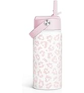 Beige Leopard Print Kids Water Bottle with Straw Lid 12oz Insulated Stainless Steel, Travel Tumbl...