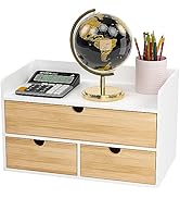 Wisuce Desk Organizer with Drawers - Bamboo Desktop Organizer Storage | White-Natural Wood Desk D...