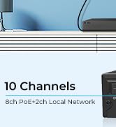 Text reads '10 Channels Rich PoE+25 Local Network'. Image shows black networking device with blue cable connection against white background.