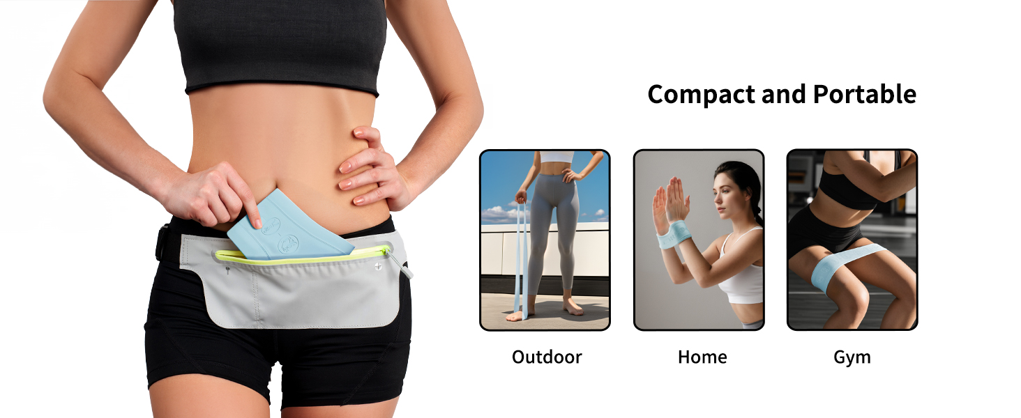 Grey waist pack demonstrated in three usage scenarios - outdoor, home, and gym activities. Product shown being worn and accessed in different settings.
