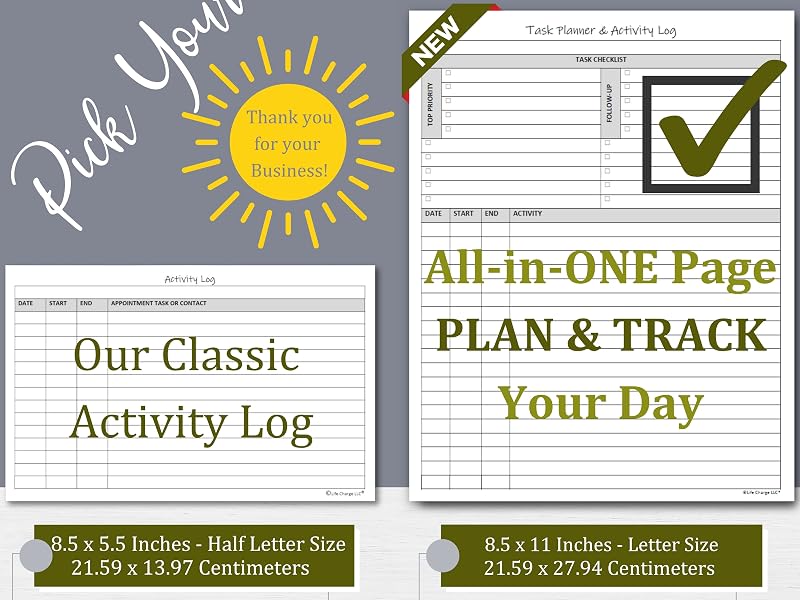 Compare simple activity log to dual-purpose task planner with checklist and time log layout