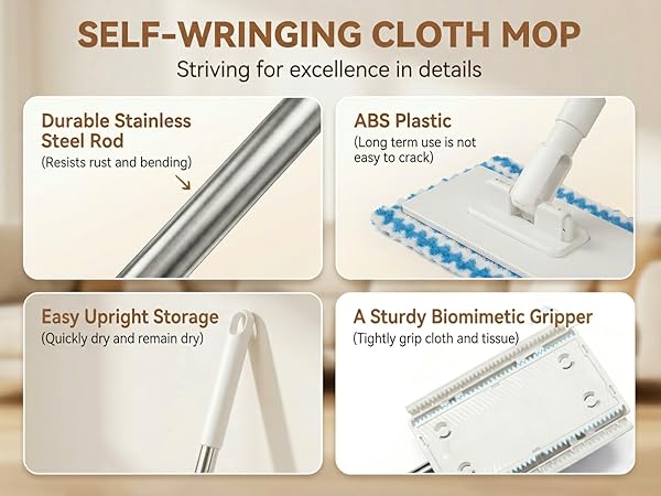 Snap Grip Mini Mop, Zero Touch Cloth Changing Mop with Automatic Push Pull Handle