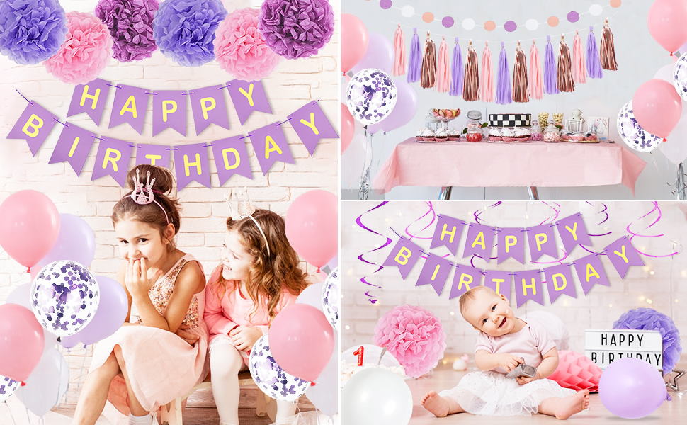 pink and purple birthday decorations