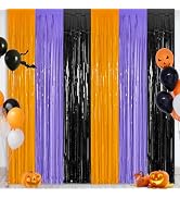 2 Pack Halloween Backdrop, 3.28 FT x 7.05 FT Foil Fringe Curtains, Orange Purple Black Party Stre...