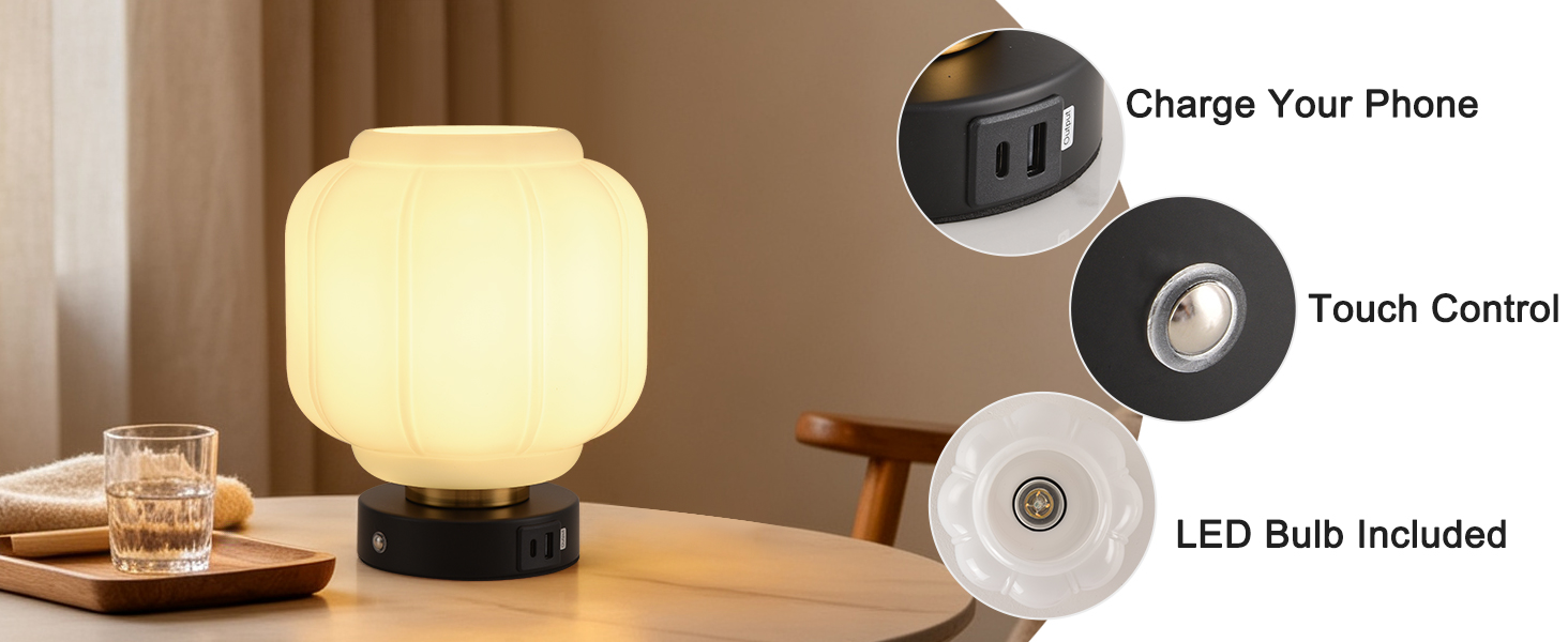 Rechargeable Table Lamp Cordless Milk Glass Bedside Lamp Small white and black