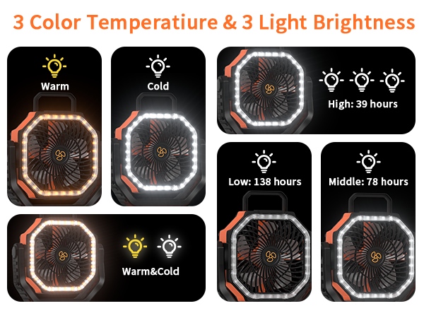 camping fan with light temperature and brightness selectable