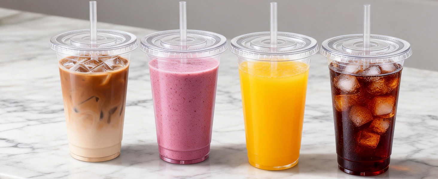disposable clear plastic iced coffee cups with lids Straws 16oz 20oz Cold Juice Drinks Smoothie