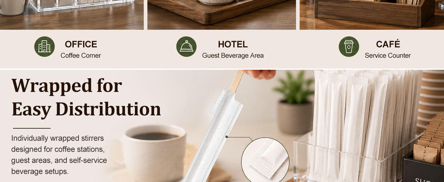 Individually wrapped birch wood coffee stirrers for self-service beverage stations