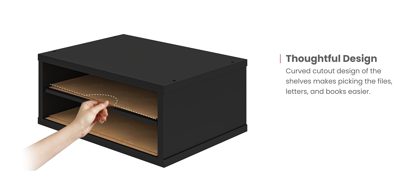 Ballucci desk organizers have well thought out curved cut out in middle shelf to easily grab paper