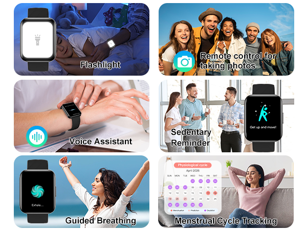 Track period, guided breathing, flashlight, camera remote, voice assistant & sedentary alerts.