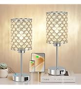 GyroVu Silver Crystal Bedside Table Lamps Set of 2 with USB C+A Ports | 3-Way Dimmable & Touch Co...
