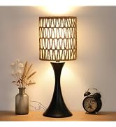 Rattan Table Lamp, 3 Way Touch Control Bedside Lamp with Dual-Layer Shade | Dimmable Nightstand L...