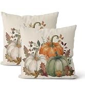 DAFENA Fall Pillow Covers 18x18 Inch 2 Pcs Vintage Orange Green Pumpkin Maple Leaf Decor Throw Pi...