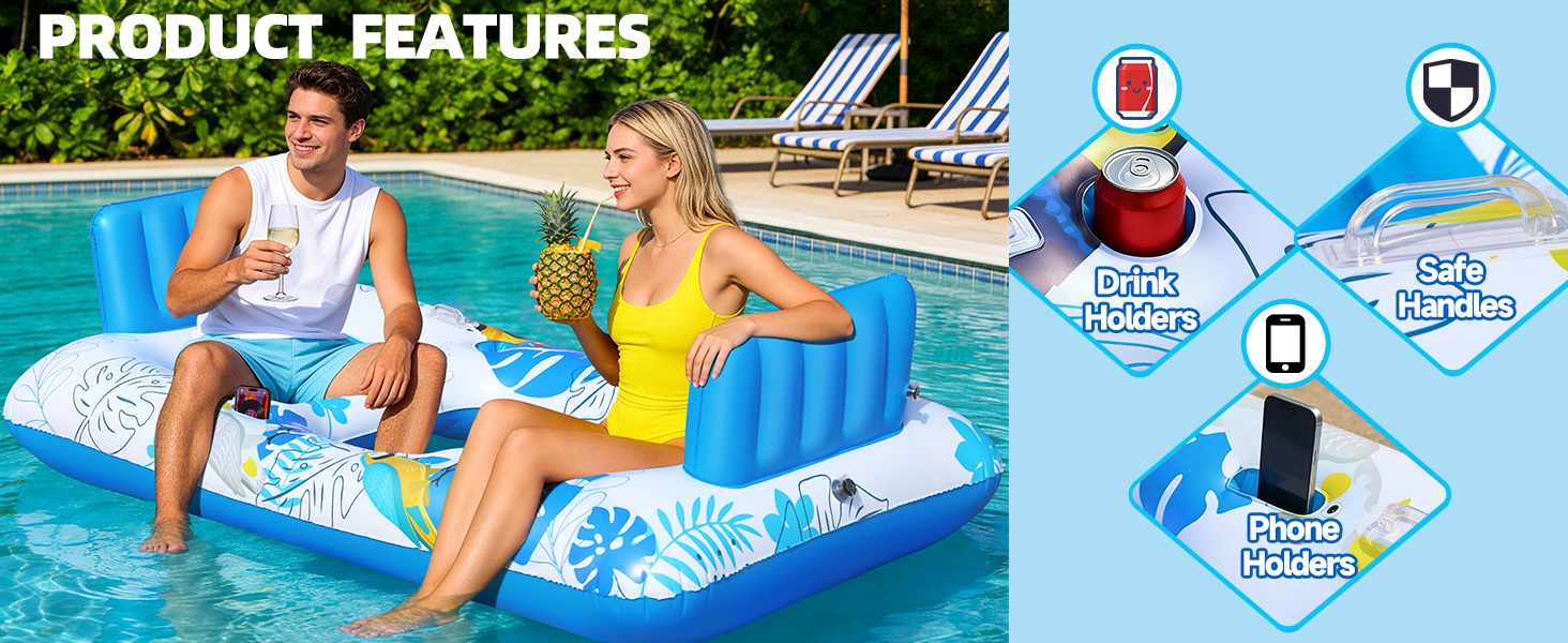 Inflatable Tanning Pool Lounger Float for 2 Person Sunbathing Inflatable Pool Lounger Float