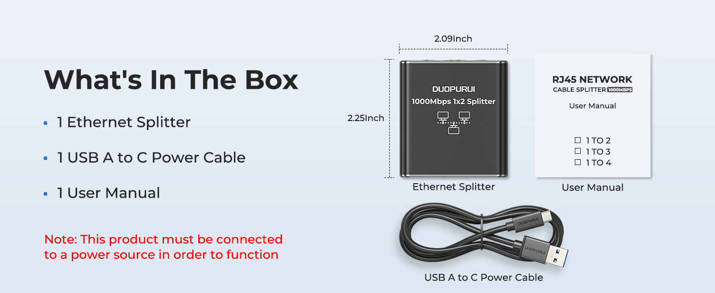 product includes a ethernet splitter 1 to 2 a manual and a power cord.
