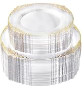 Bestluck 200 PCS Clear and Gold Plastic Plates for 100 Guests, Elegant Clear Disposable Plates wi...