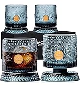 NORIMODA Vintage Rotating Whiskey Glass Set of 4, 8.3oz Lead-free Spinning Old Fashioned Rocks Gl...