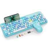 Wireless Keyboard and Mouse Combo, Retro Round Keycaps, Full-Size Cute Typewriter Keyboard with L...