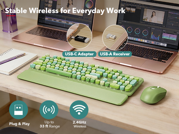 Green keyboard and mouse with wrist rest, USB receiver and adapter for stable wireless setup