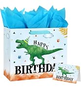 Yusenguan 13" Large Watercolor Dinosaur Birthday Gift Bag with Handles, Greeting Card and Tissue ...