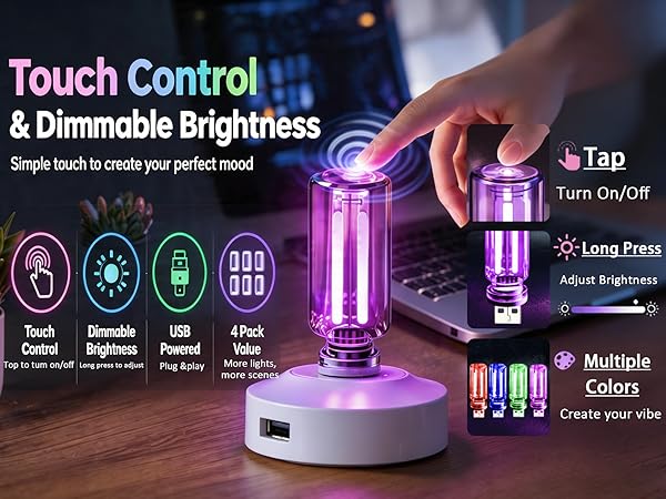 Touch control USB night light with dimmable brightness, mini LED ambient lighting