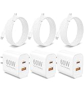 60W USB C Fast Charger for iPhone 17/Air/17 Pro/17 Pro Max/16/15 Pro Max, 3-Pack 60W Dual Port Ty...