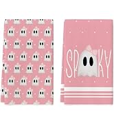 Artoid Mode Pink Ghost Halloween Kitchen Towels Set of 2 18x26 Inch | Spooky Bow Knot Hand & Dish...