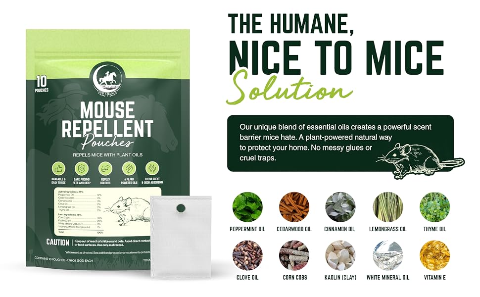 Humane mouse repellent pouches with natural essential oils. Non-toxic peppermint scent barrier.