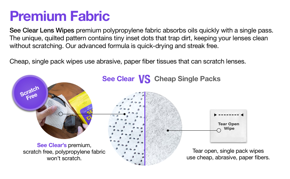 See Clear lens wipes use premium polypropylene fabric that won't scratch your lenses