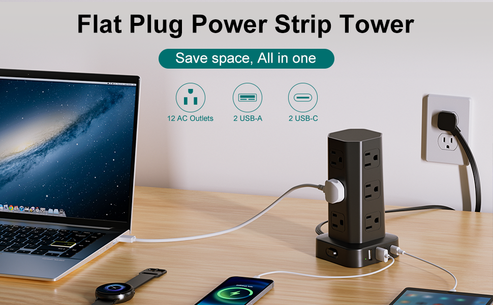 Flat Plug Power Strip Tower