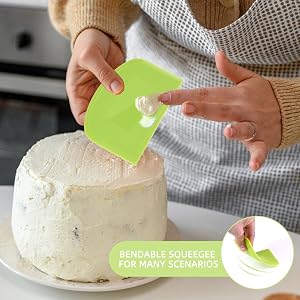 Bendable green scraper for cake icing smoothing and dough cutting.