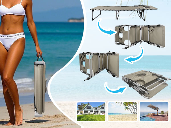 Portable folding beach lounger with multiple configuration stages shown. Gray metal frame transforms from compact cylinder to full-length reclining sun bed. Demonstrated in beach setting.