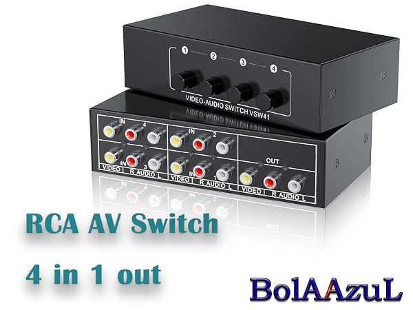 4 In 1 Out RCA switch box lets you connect four composite video and stereo audio sources
