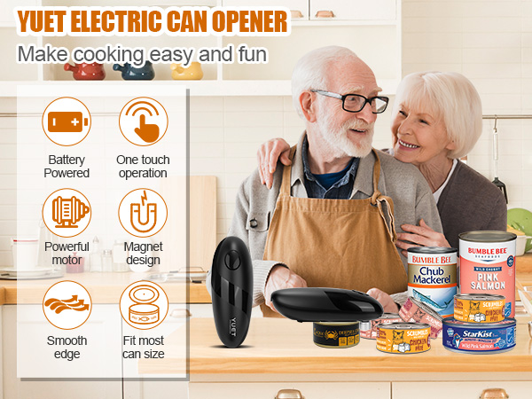 Text reads 'VIET ELECTRIC CAN OPENER' with icons showing features: Battery operated, One touch operation, Powerful motor, Smooth edge, Magnetic lid catch, and 'Fit most can size'.
