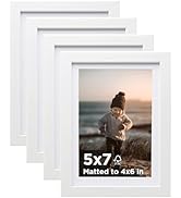 KINLINK 5x7 Picture Frame White Set of 4, Wooden Photo Frames Matted 4x6 with Plexiglass for 4x6 ...