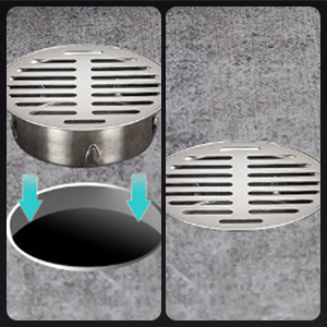 Circular metal drain cover with parallel slits. Split image shows cover in place and lifted, revealing dark opening underneath. Arrows indicate removable design.