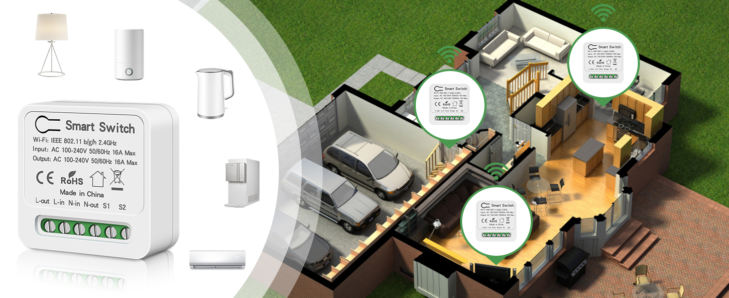 3D floor plan of a home with smart home devices. Shows living areas, kitchen, and outdoor space. Includes images of smart switches and appliances.
