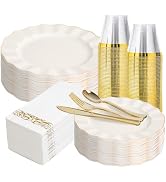 QualQuot 175PCS Gold and Ivory Plastic Dinnerware Set, Plastic Party Plates for 25 Guests, 25 Dis...