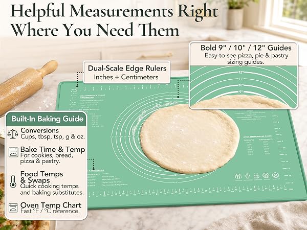 Extra large KOYMILEY pastry mat with bold 9, 10 and 12 inch guides for pizza dough and pie crust